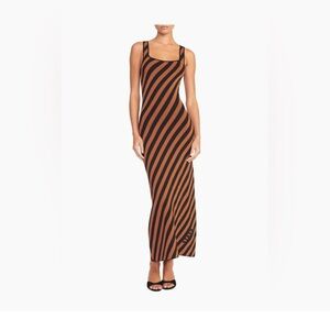 STAUD Black and Tan Diagonal Stripe Maxi Dress